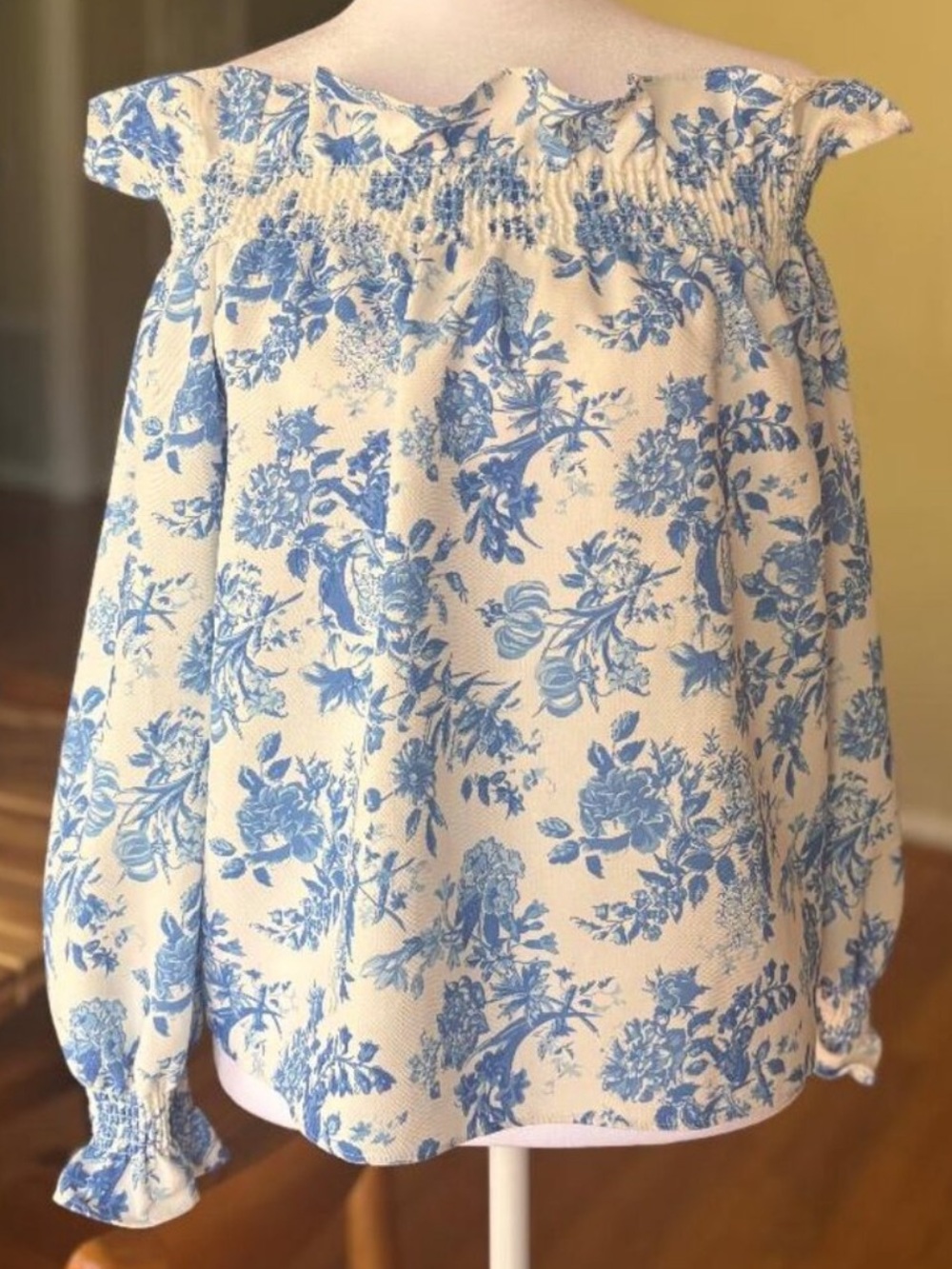 Tuckernuck Marguerite Cream and Blue Floral Off-Shoulder Blouse